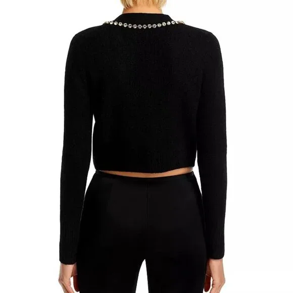 Aqua Black Cashmere V-Neck Cardigan with Rhinestone Trim - Picture 5 of 9